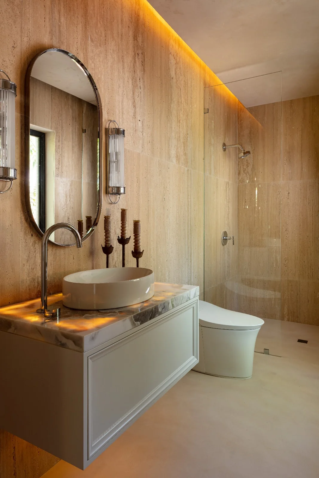The Layers of Marble and Mediterranean Design 2 Illuminated Oyster White Select Marble Bathroom Sink